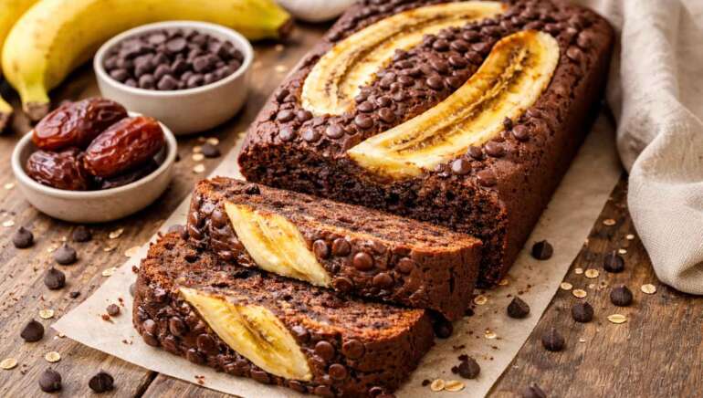 Sočen veganski bananin kruh z datlji in čokolado