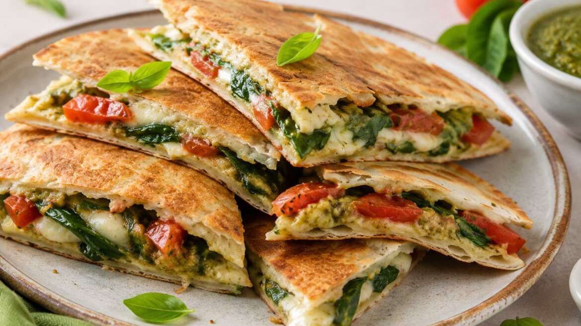Quesadilla s pestom, špinačo in paradižnikom