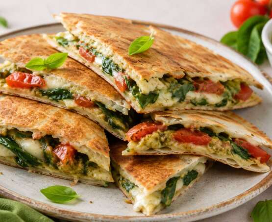 Quesadilla s pestom, špinačo in paradižnikom